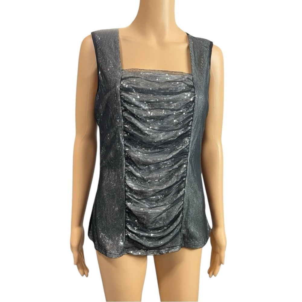 Dressbarn Sparkle Plenty Silver/Black Sequined Petite Blouse Size PL